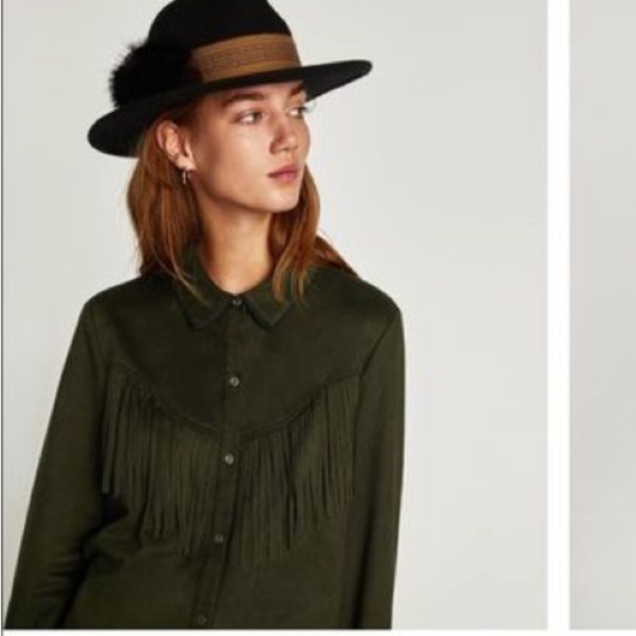 Zara Faux Suede Green Fringe Button Down Lightweight Jacket Shirt sz XS - Picture 3 of 9